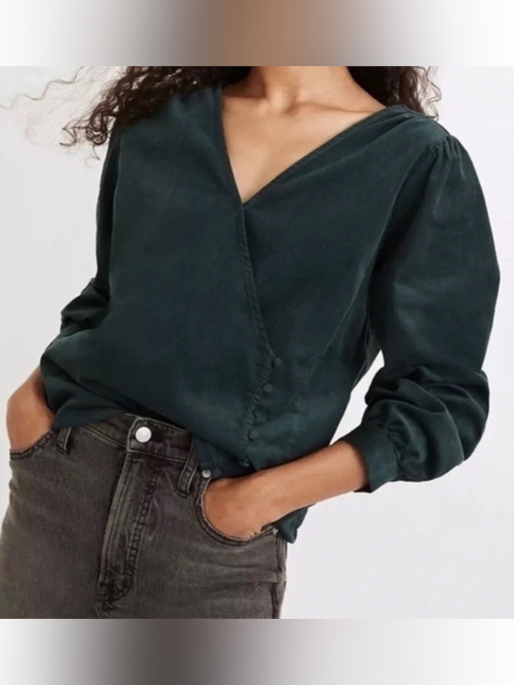 Madewell X-Large Dark Green Corduroy Kinston Side Button Wrap Top Blouse Boho